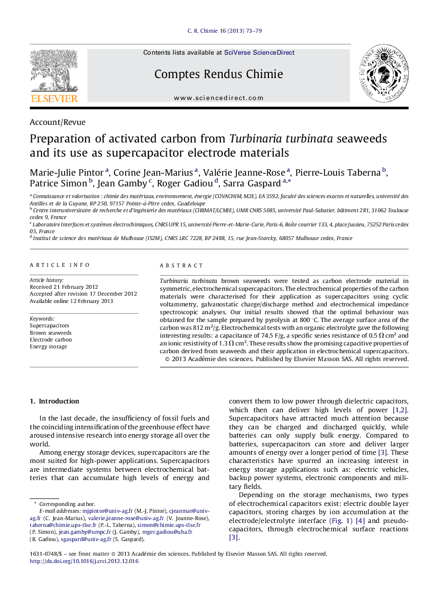 Preparation of activated carbon from Turbinaria turbinata seaweeds and its use as supercapacitor electrode materials