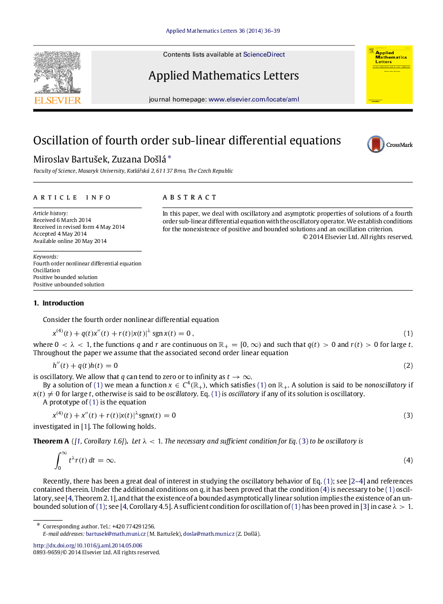 Oscillation of fourth order sub-linear differential equations