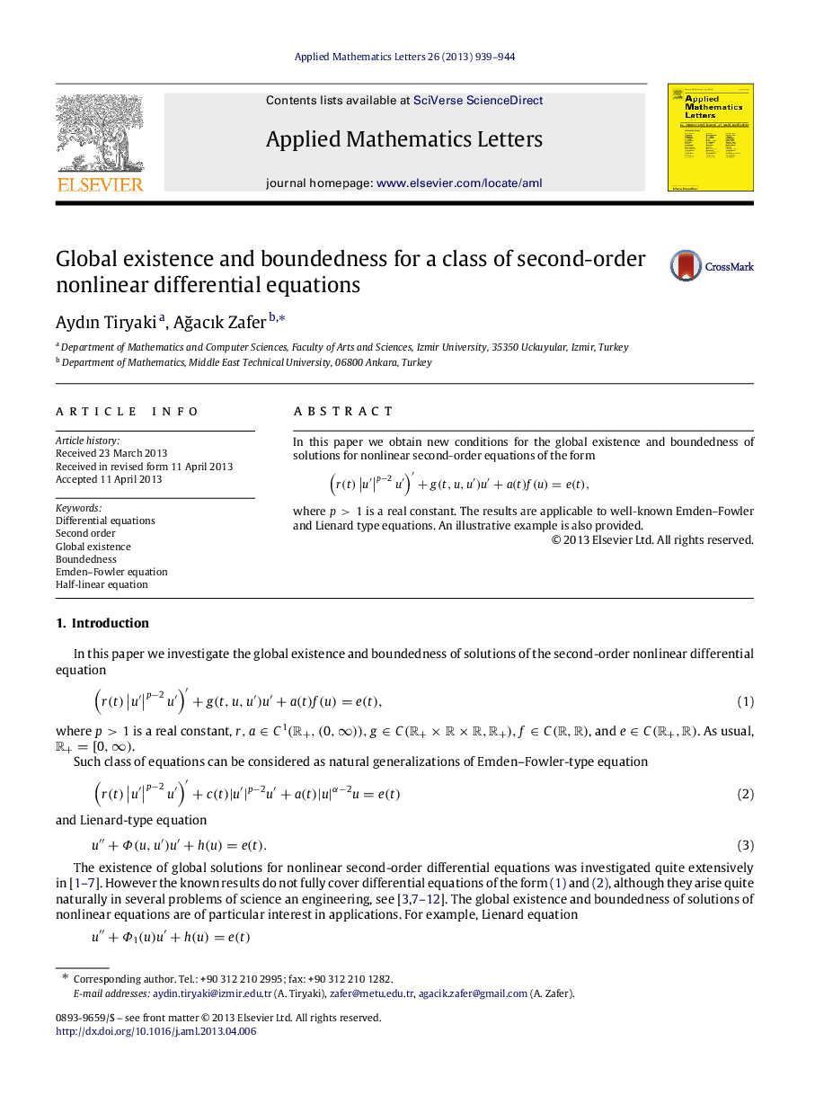 عکس صفحه اول مقاله: Global existence and boundedness for a class of second-order nonlinear differential equations Global existence and boundedness for a class of second-order nonlinear differential equations