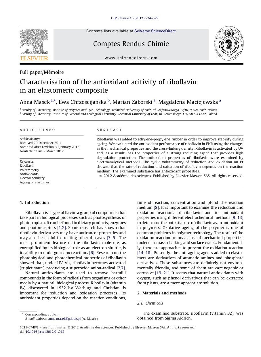 Characterisation of the antioxidant acitivity of riboflavin in an elastomeric composite