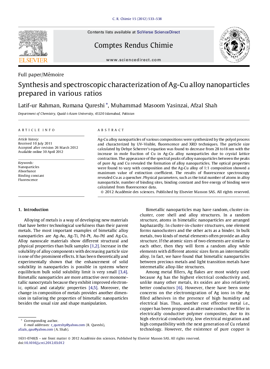 Synthesis and spectroscopic characterization of Ag-Cu alloy nanoparticles prepared in various ratios