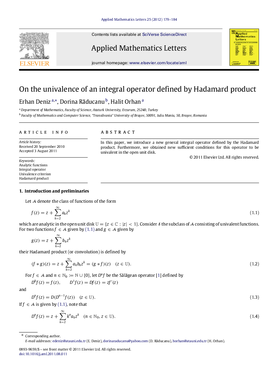 On the univalence of an integral operator defined by Hadamard product