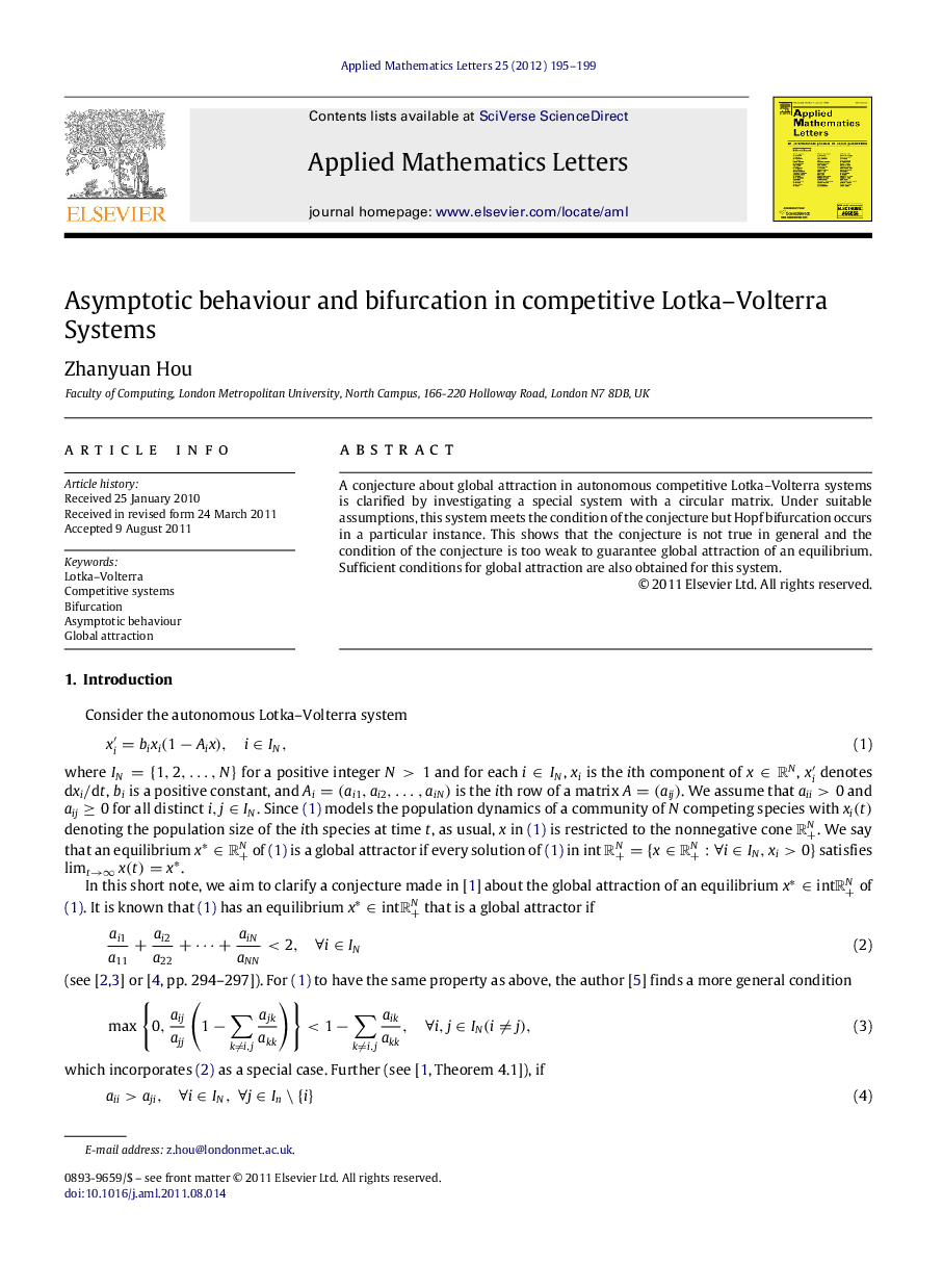 Asymptotic behaviour and bifurcation in competitive Lotka–Volterra Systems