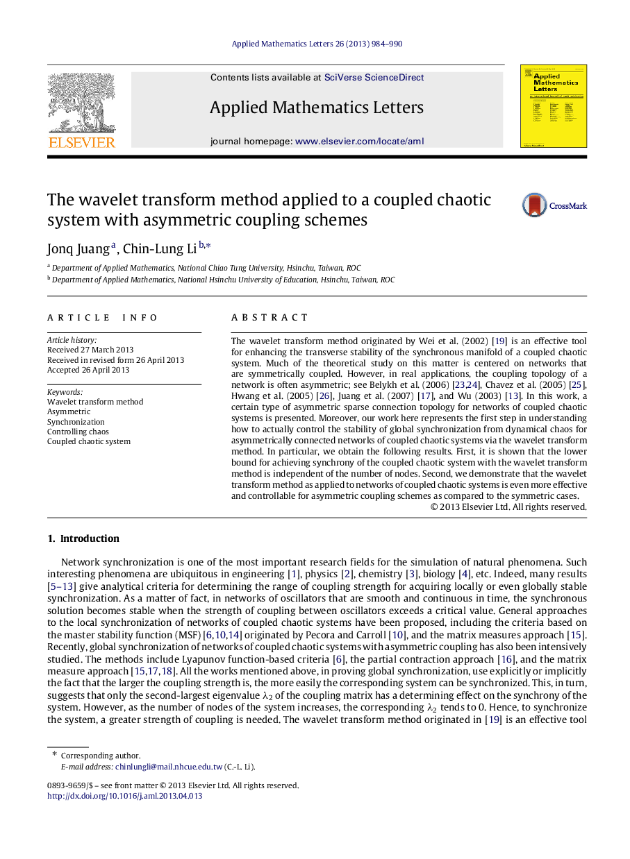 The wavelet transform method applied to a coupled chaotic system with asymmetric coupling schemes