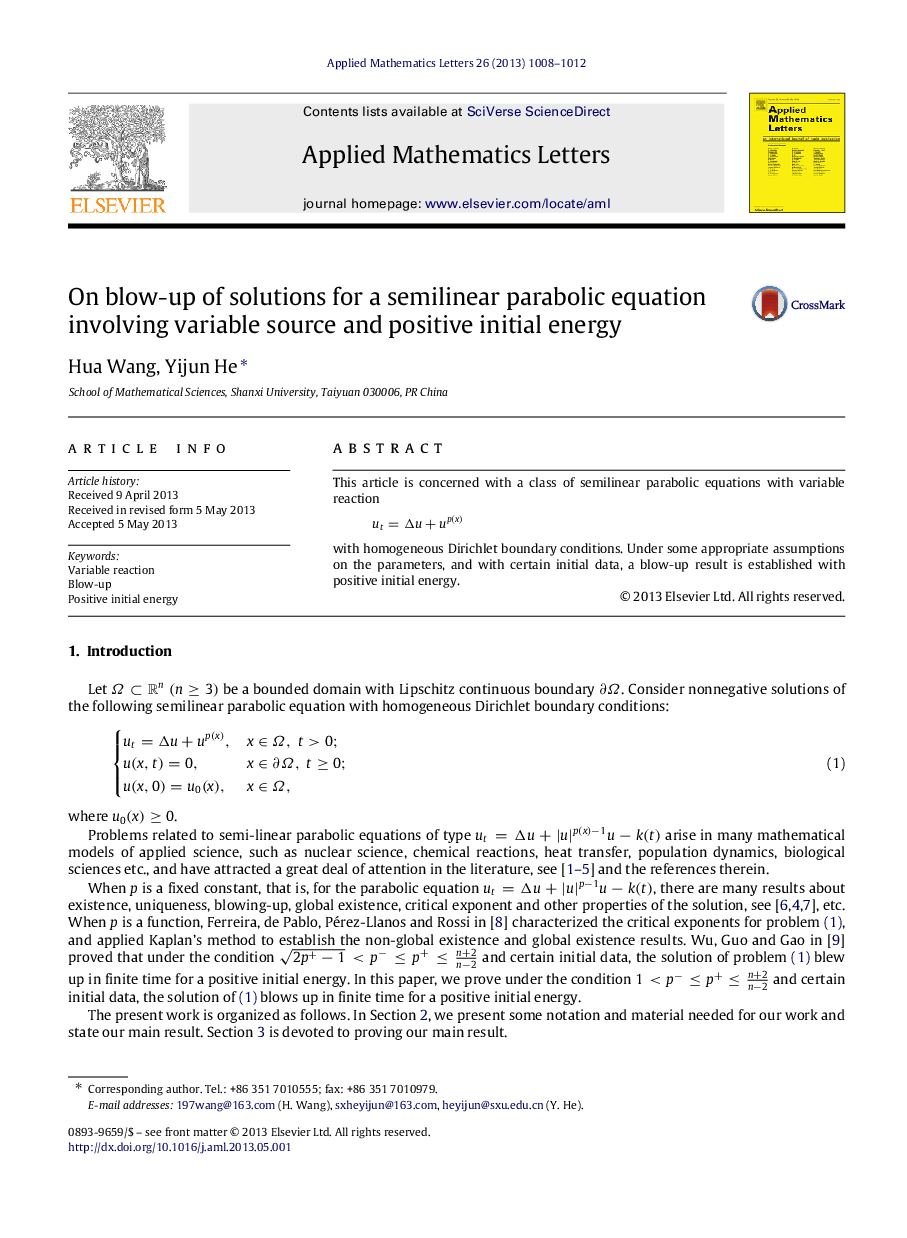 On blow-up of solutions for a semilinear parabolic equation involving variable source and positive initial energy