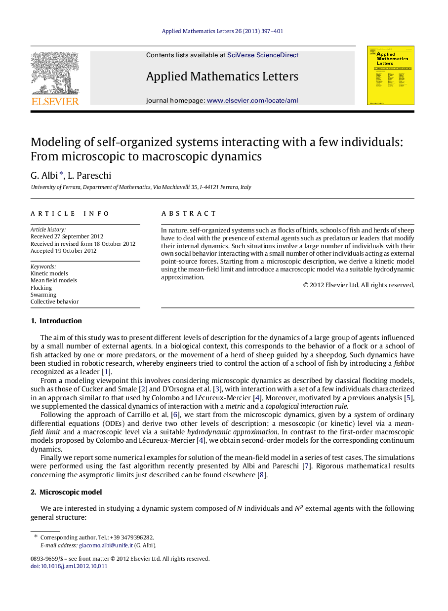 عکس صفحه اول مقاله: Modeling of self-organized systems interacting with a few individuals: From microscopic to macroscopic dynamics Modeling of self-organized systems interacting with a few individuals: From microscopic to macroscopic dynamics