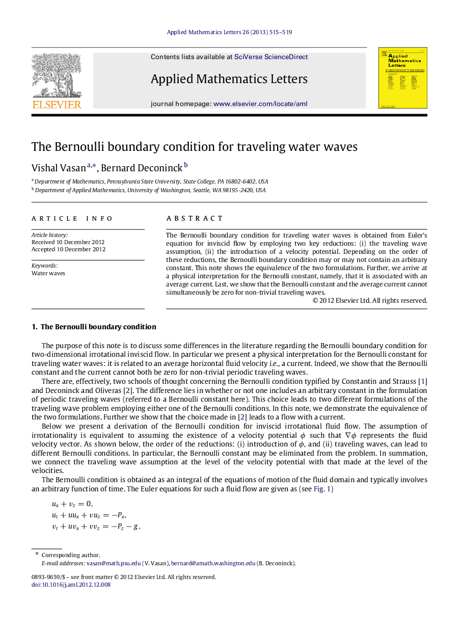 عکس صفحه اول مقاله: The Bernoulli boundary condition for traveling water waves The Bernoulli boundary condition for traveling water waves