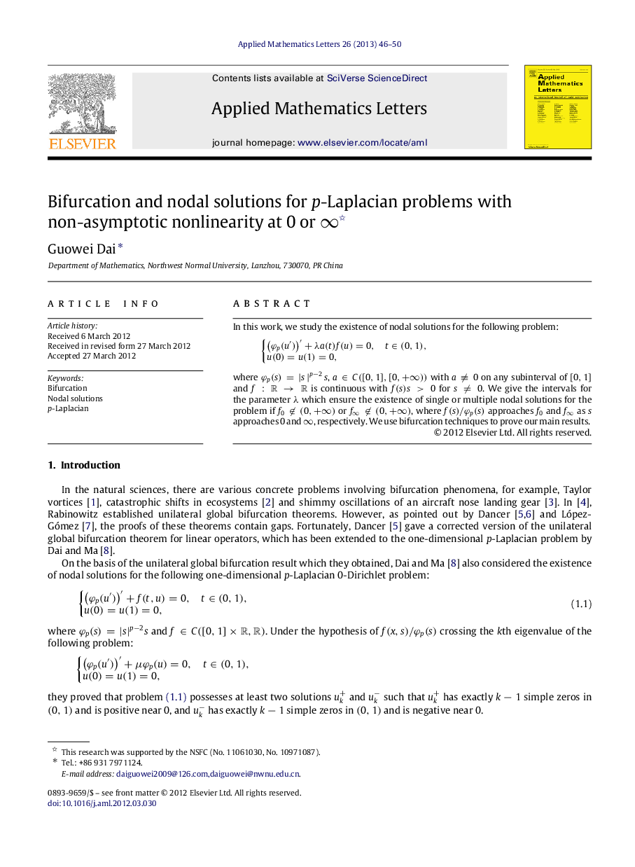 Bifurcation and nodal solutions for pp-Laplacian problems with non-asymptotic nonlinearity at 0 or ∞∞ 