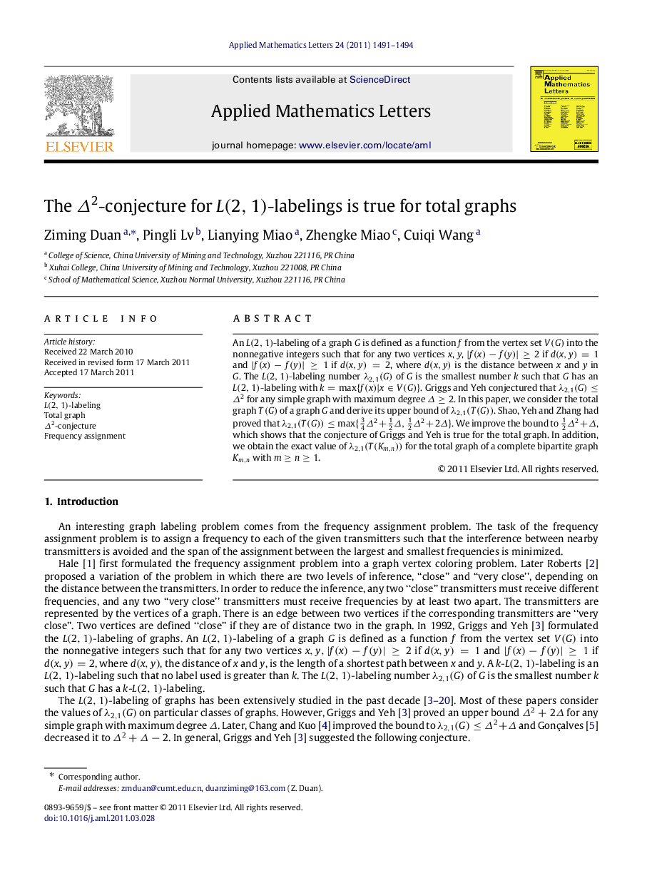 The Δ2Δ2-conjecture for L(2,1)L(2,1)-labelings is true for total graphs