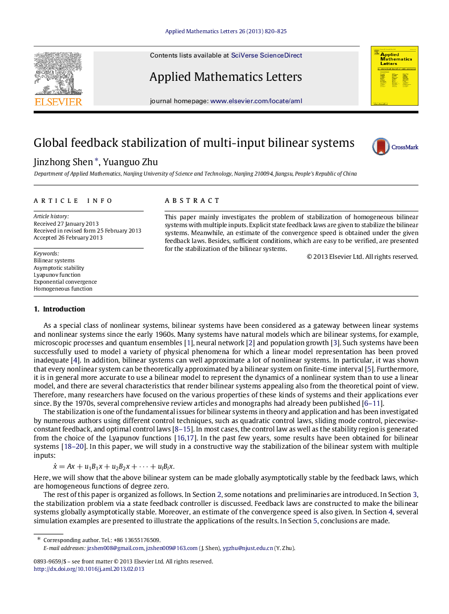 Global feedback stabilization of multi-input bilinear systems