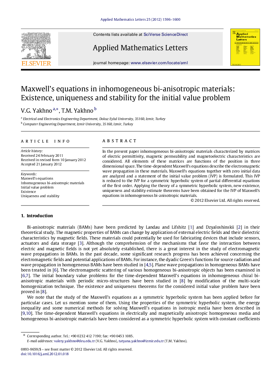 Maxwell’s equations in inhomogeneous bi-anisotropic materials: Existence, uniqueness and stability for the initial value problem