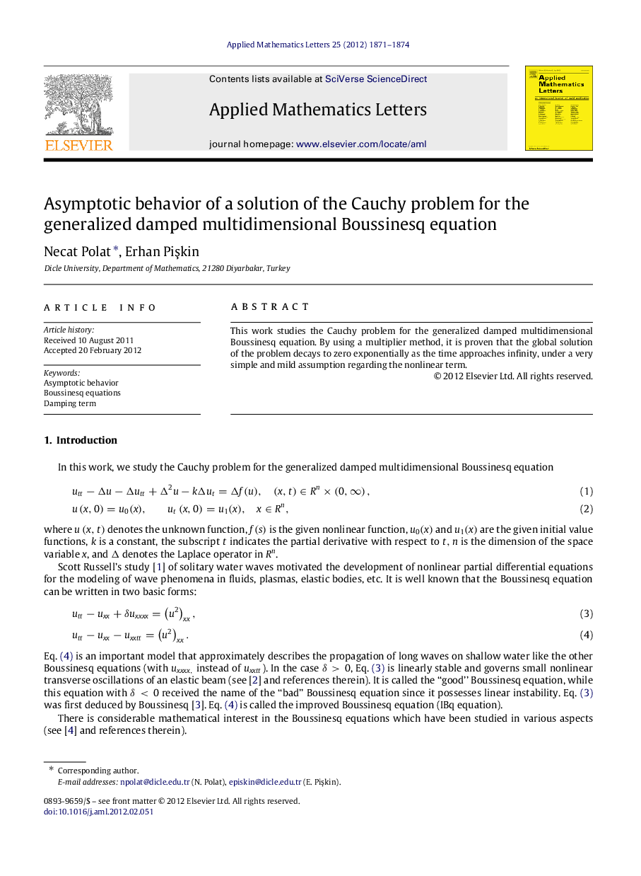 Asymptotic behavior of a solution of the Cauchy problem for the generalized damped multidimensional Boussinesq equation