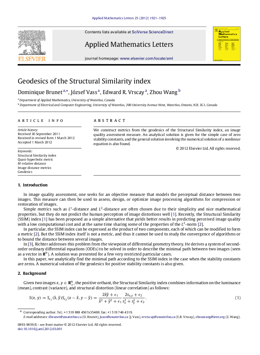 Geodesics of the Structural Similarity index