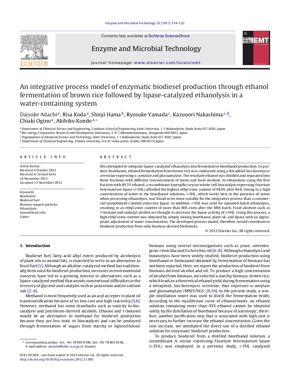 An integrative process model of enzymatic biodiesel production through ethanol fermentation of brown rice followed by lipase-catalyzed ethanolysis in a water-containing system