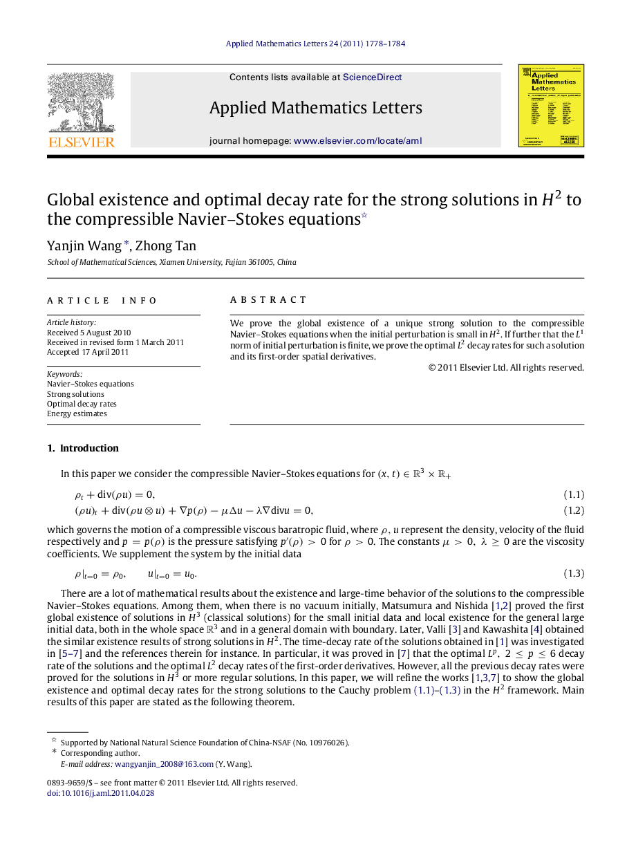 Global existence and optimal decay rate for the strong solutions in H2H2 to the compressible Navier–Stokes equations 