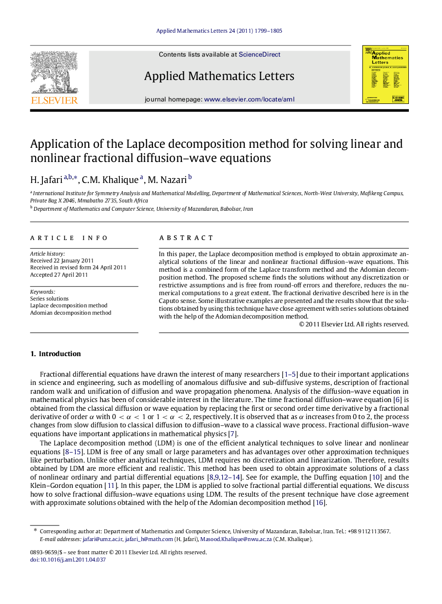 Application of the Laplace decomposition method for solving linear and nonlinear fractional diffusion–wave equations