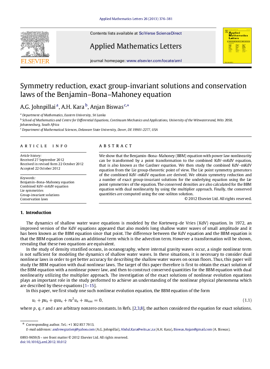 عکس صفحه اول مقاله: Symmetry reduction, exact group-invariant solutions and conservation laws of the Benjamin–Bona–Mahoney equation Symmetry reduction, exact group-invariant solutions and conservation laws of the Benjamin–Bona–Mahoney equation