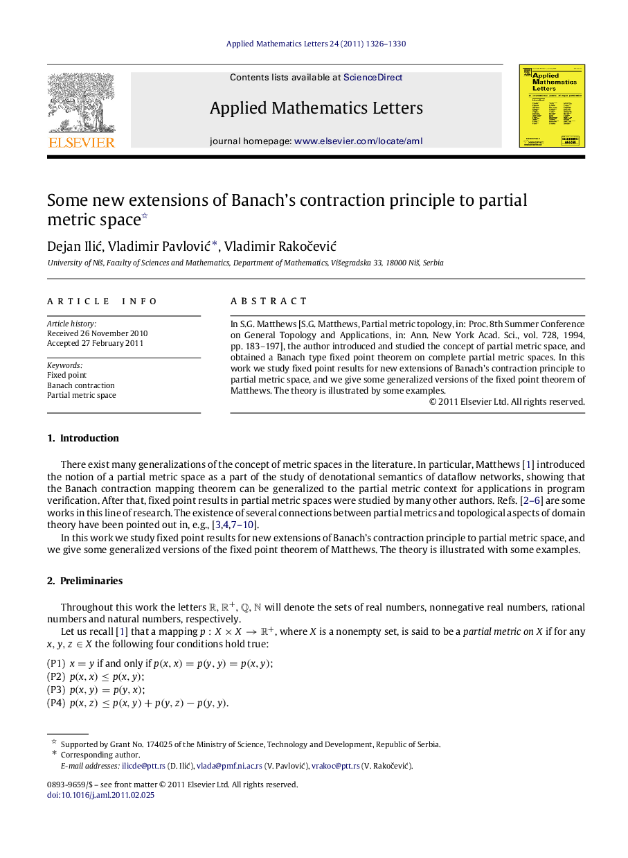 Some new extensions of Banach’s contraction principle to partial metric space 