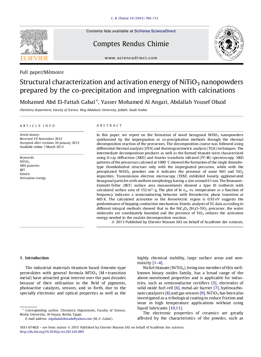 Structural characterization and activation energy of NiTiO3 nanopowders prepared by the co-precipitation and impregnation with calcinations