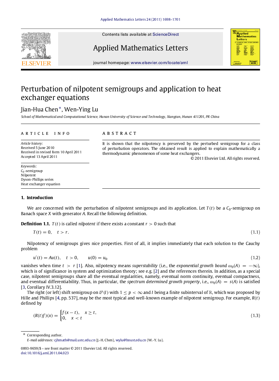 Perturbation of nilpotent semigroups and application to heat exchanger equations