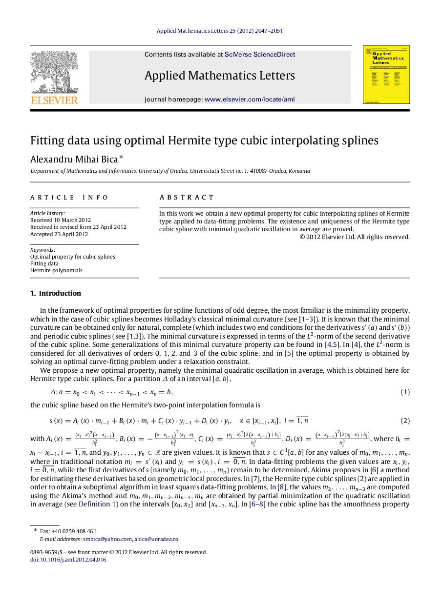 Fitting data using optimal Hermite type cubic interpolating splines