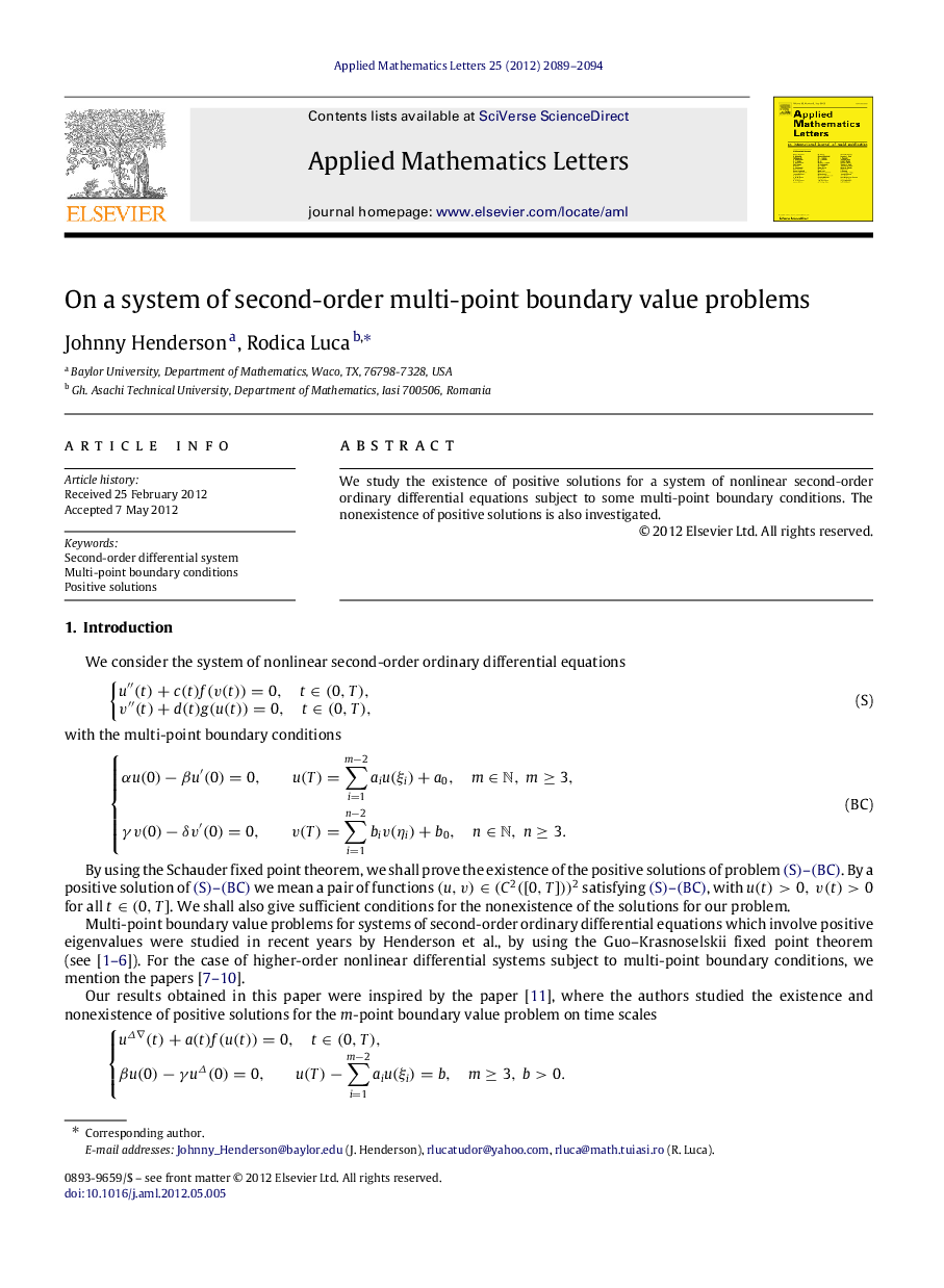 On a system of second-order multi-point boundary value problems