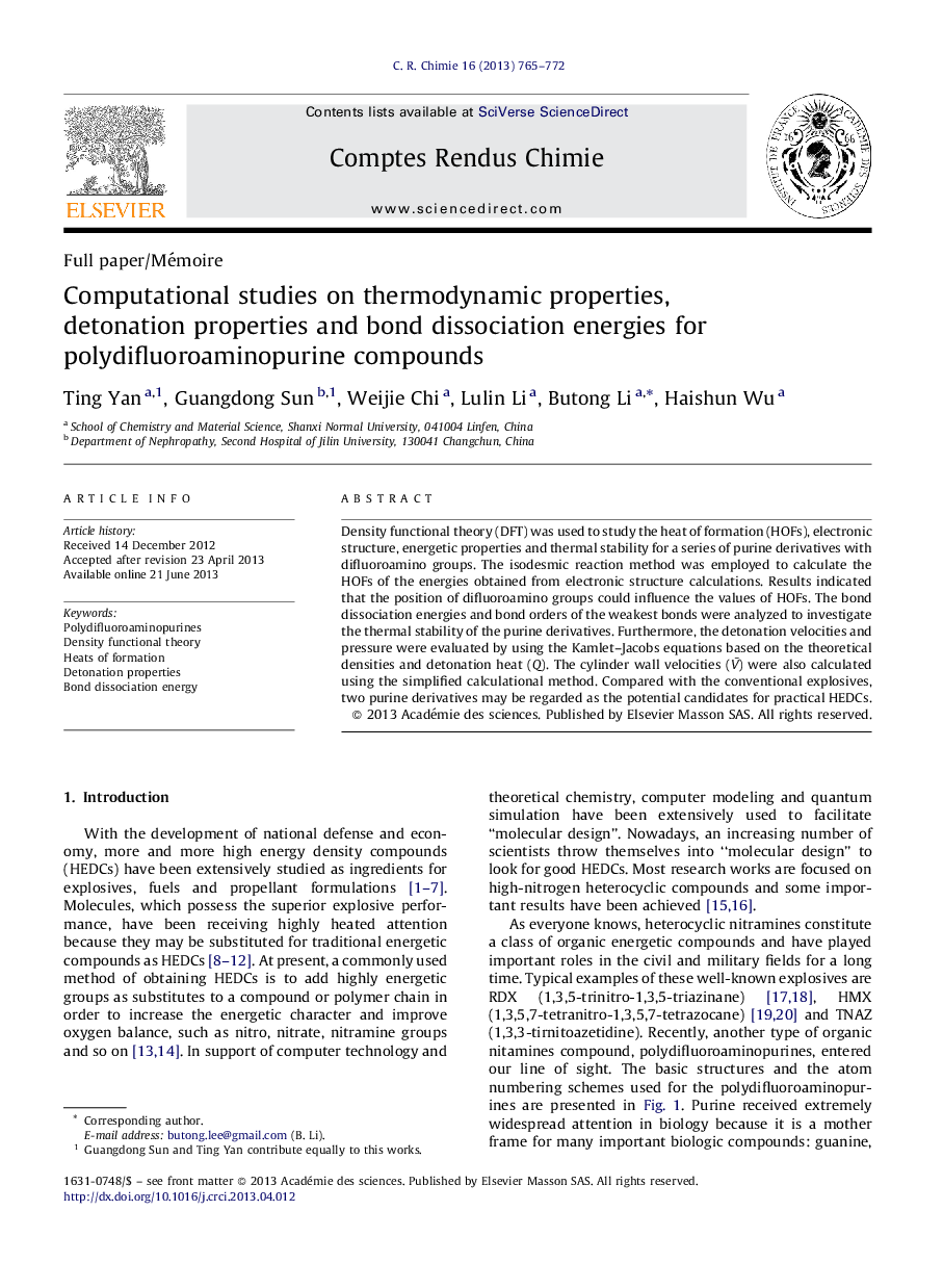 Computational studies on thermodynamic properties, detonation properties and bond dissociation energies for polydifluoroaminopurine compounds