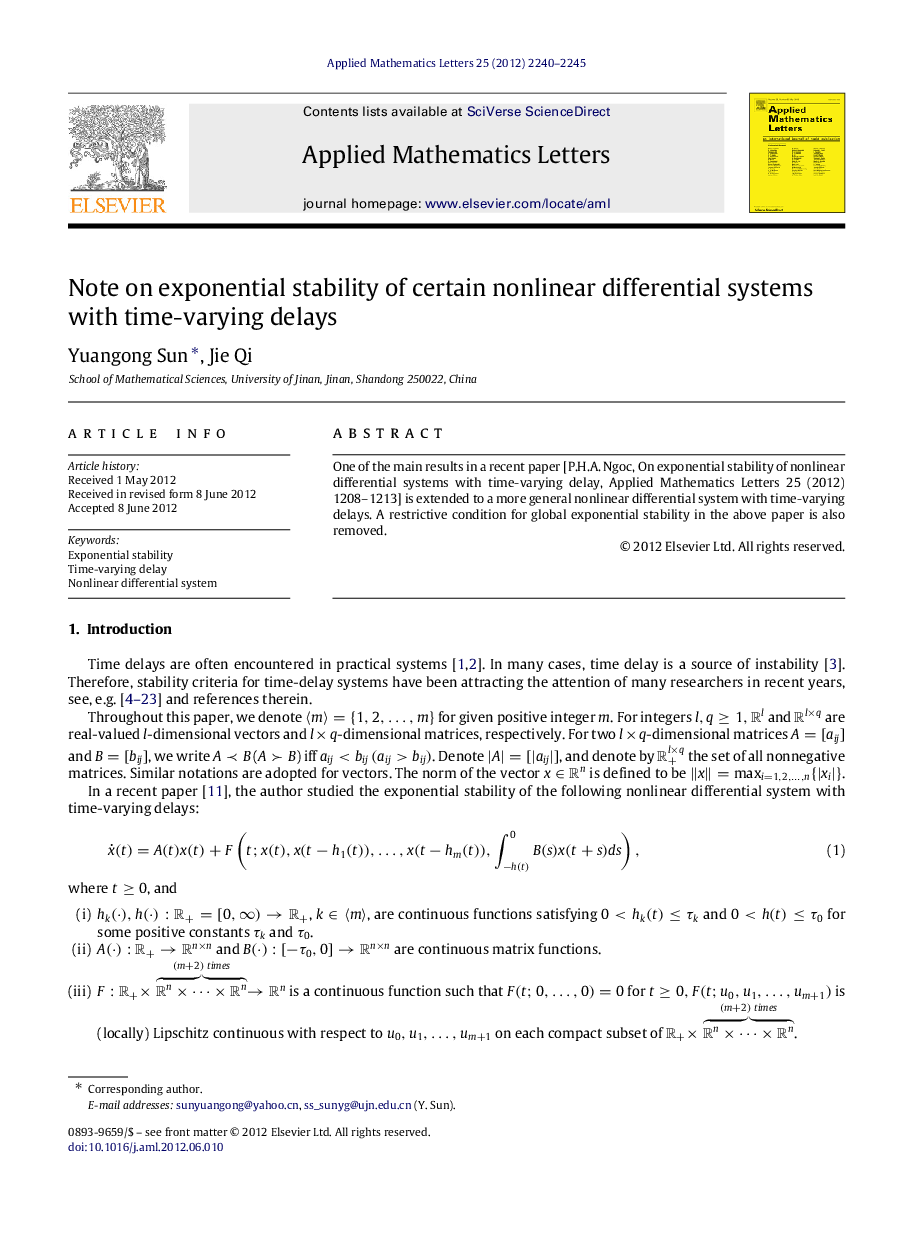 Note on exponential stability of certain nonlinear differential systems with time-varying delays