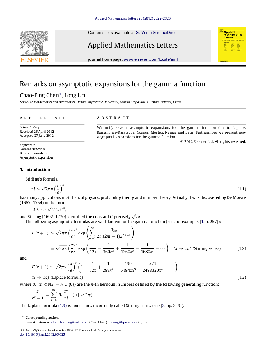 Remarks on asymptotic expansions for the gamma function