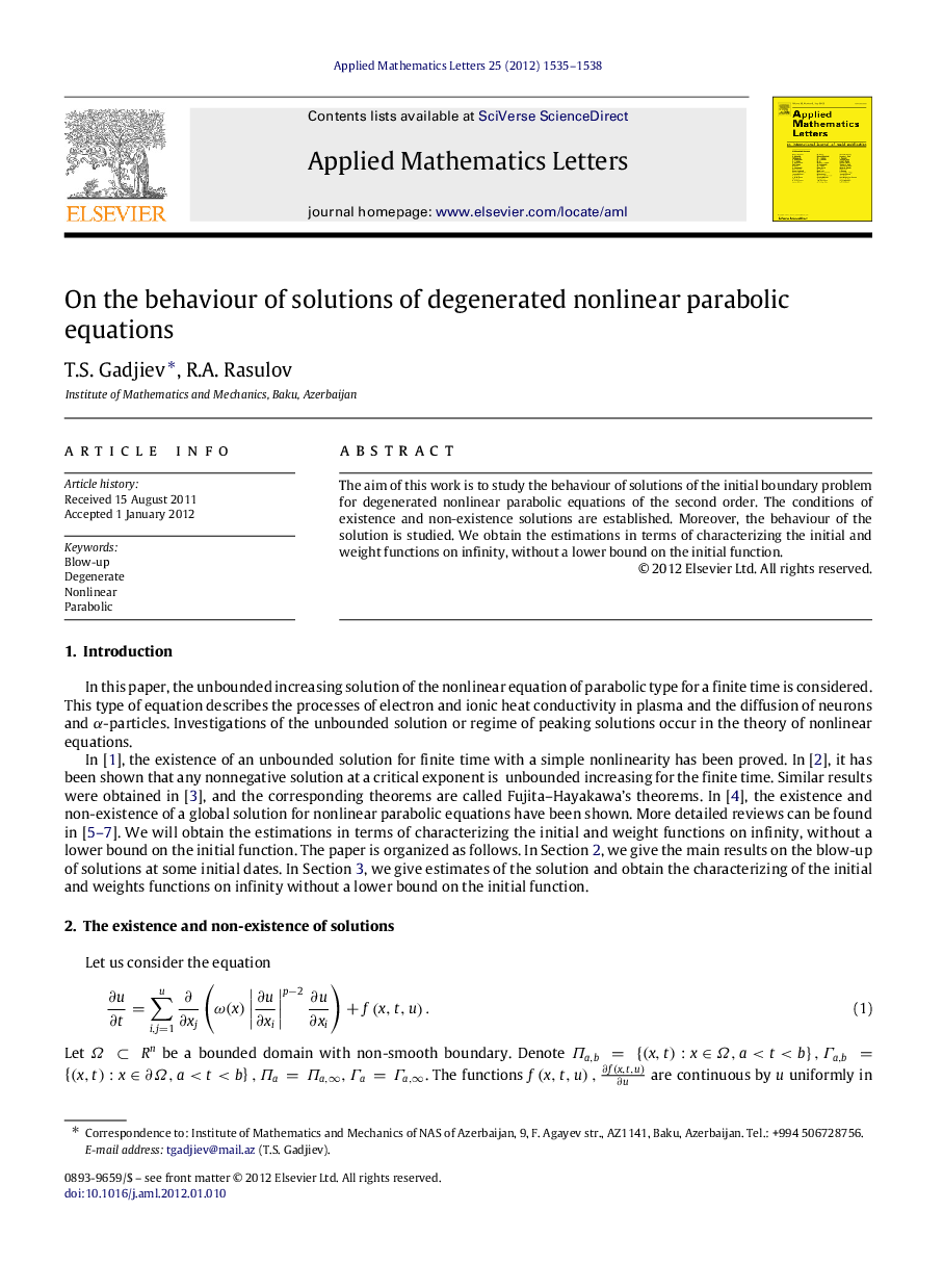 عکس صفحه اول مقاله: On the behaviour of solutions of degenerated nonlinear parabolic equations On the behaviour of solutions of degenerated nonlinear parabolic equations