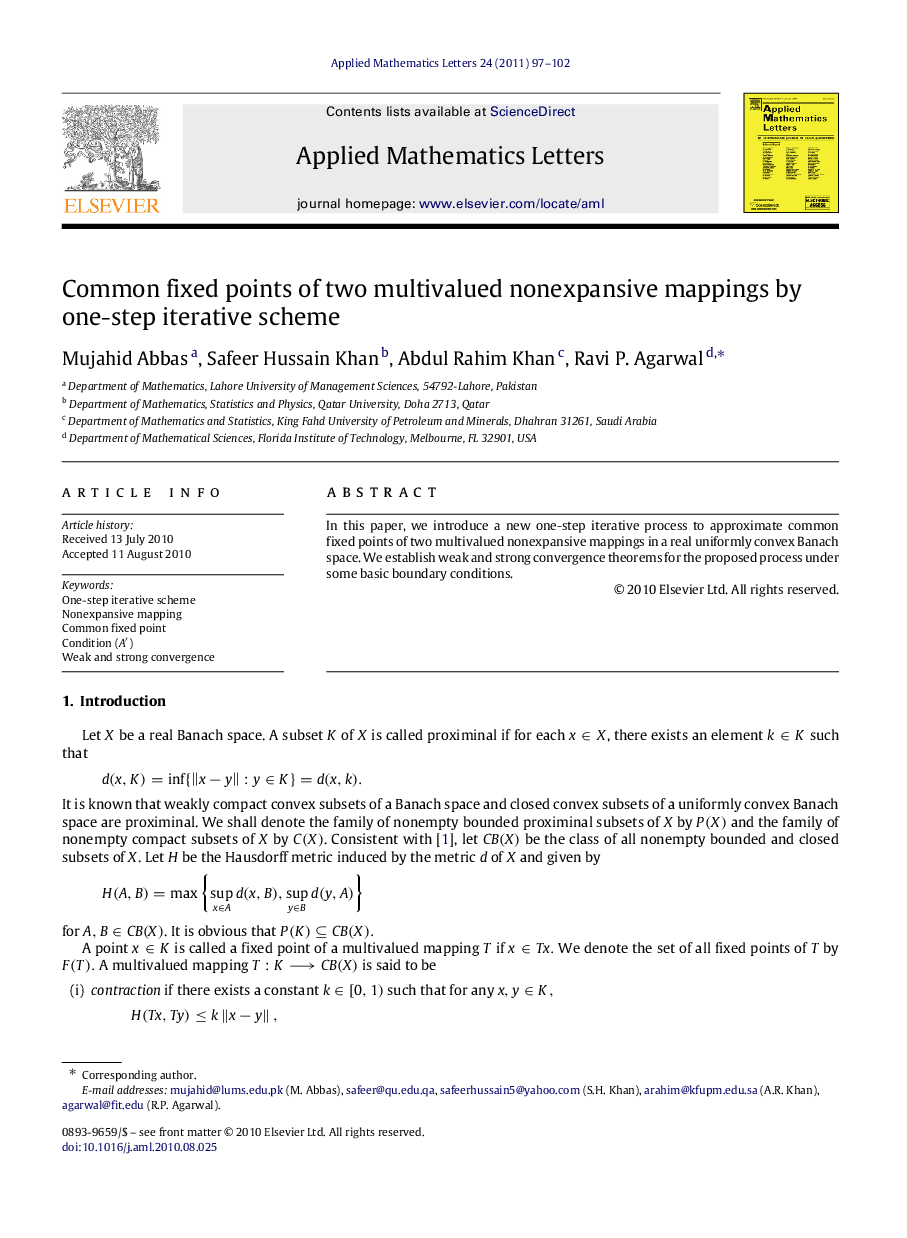 Common fixed points of two multivalued nonexpansive mappings by one-step iterative scheme