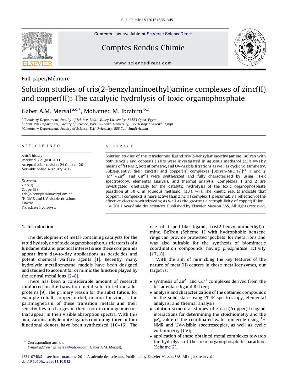 Solution studies of tris(2-benzylaminoethyl)amine complexes of zinc(II) and copper(II): The catalytic hydrolysis of toxic organophosphate