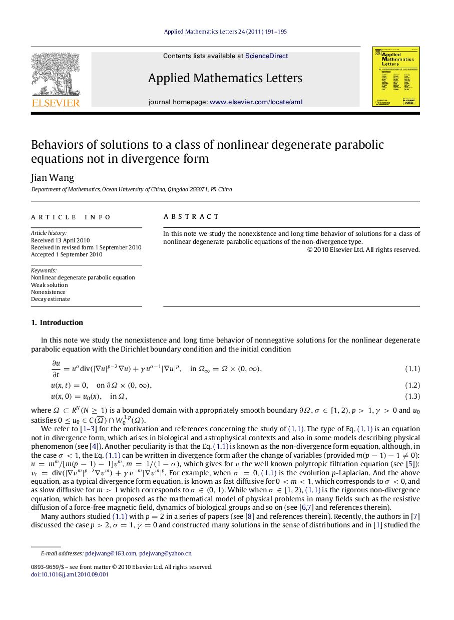 Behaviors of solutions to a class of nonlinear degenerate parabolic equations not in divergence form