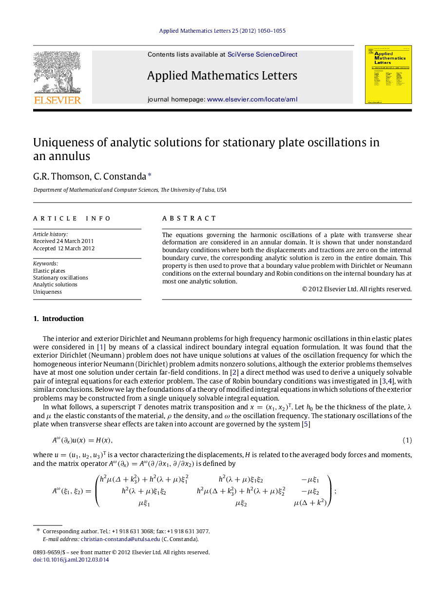 Uniqueness of analytic solutions for stationary plate oscillations in an annulus