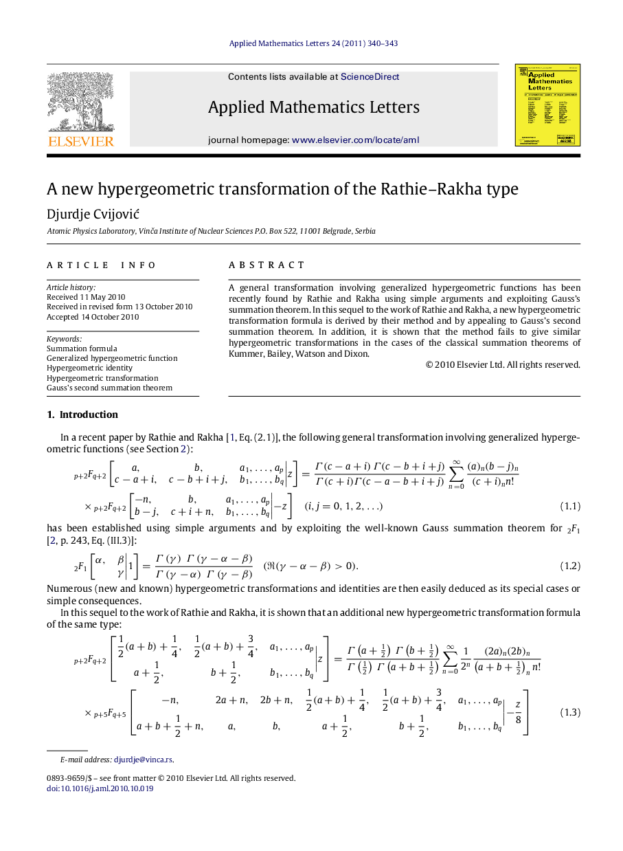 A new hypergeometric transformation of the Rathie–Rakha type