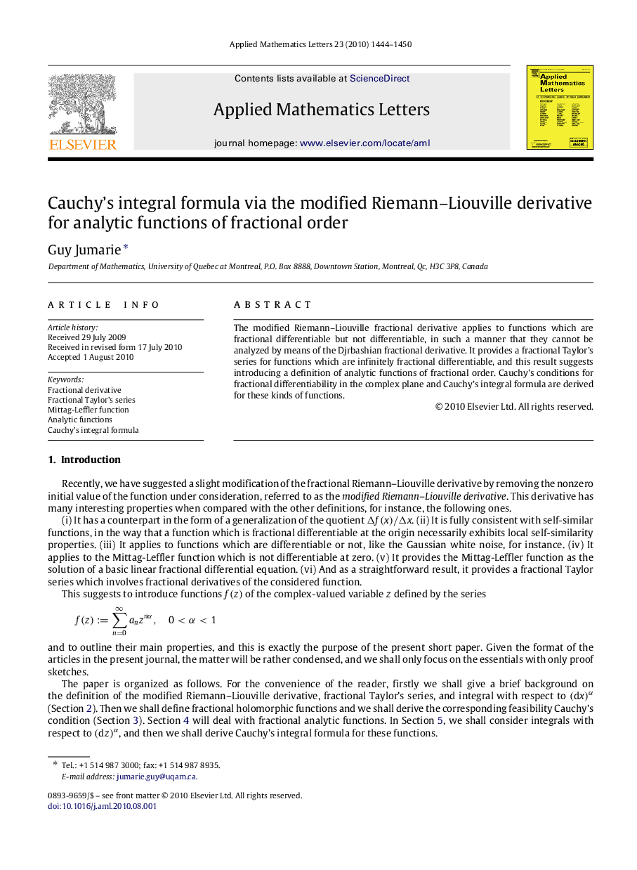 Cauchy’s integral formula via the modified Riemann–Liouville derivative for analytic functions of fractional order