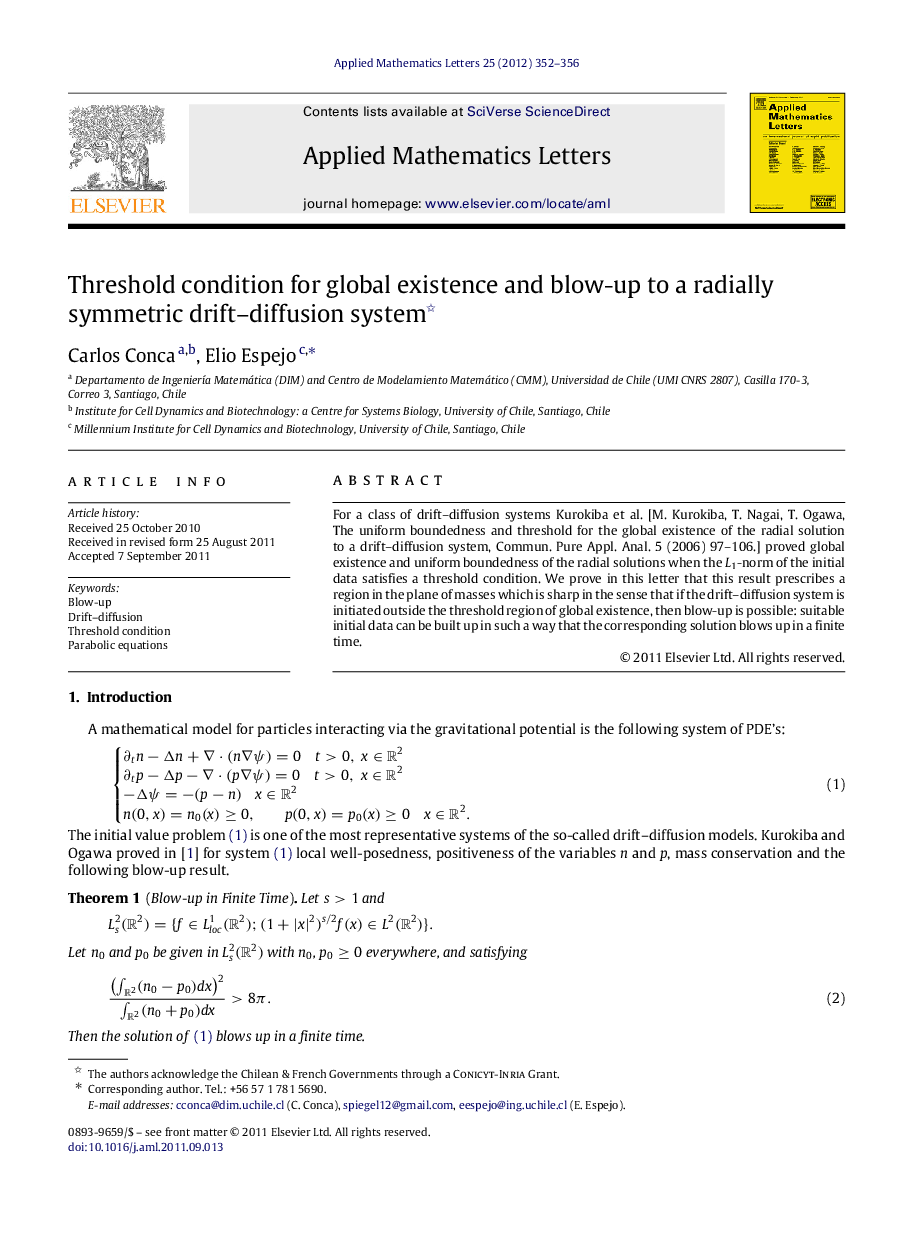 عکس صفحه اول مقاله: Threshold condition for global existence and blow-up to a radially symmetric drift–diffusion system Threshold condition for global existence and blow-up to a radially symmetric drift–diffusion system