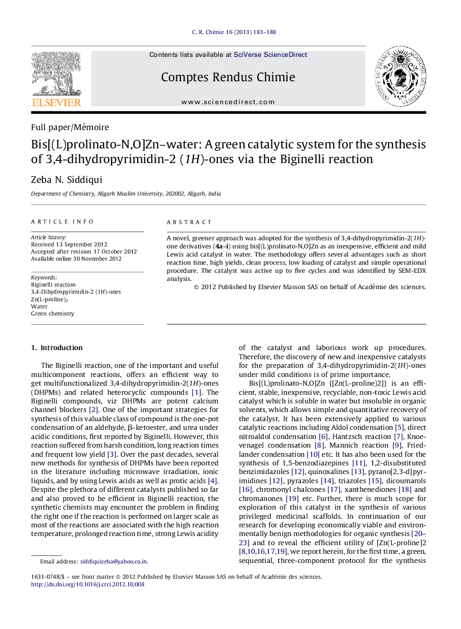 Bis[(L)prolinato-N,O]Zn–water: A green catalytic system for the synthesis of 3,4-dihydropyrimidin-2 (1H)-ones via the Biginelli reaction