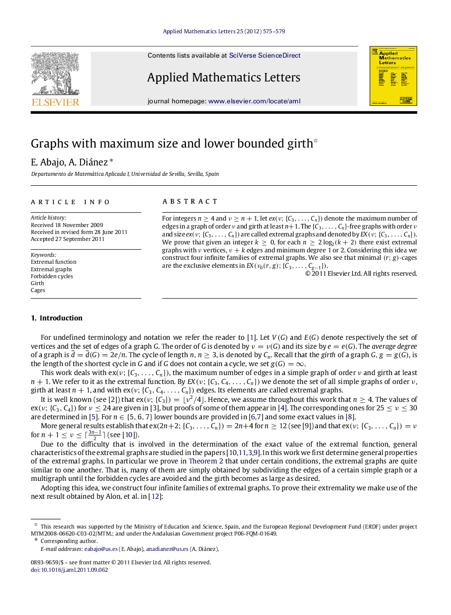عکس صفحه اول مقاله: Graphs with maximum size and lower bounded girth Graphs with maximum size and lower bounded girth