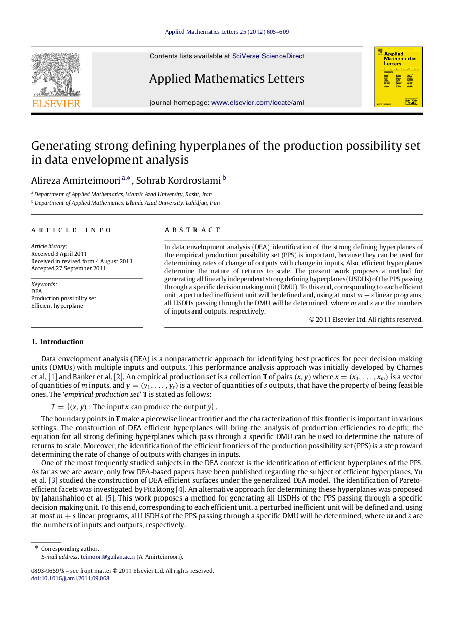 Generating strong defining hyperplanes of the production possibility set in data envelopment analysis