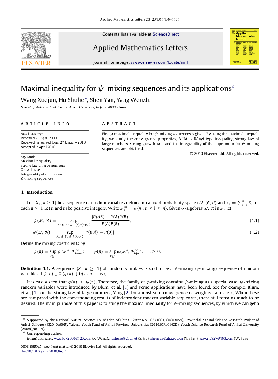 Maximal inequality for ψψ-mixing sequences and its applications 