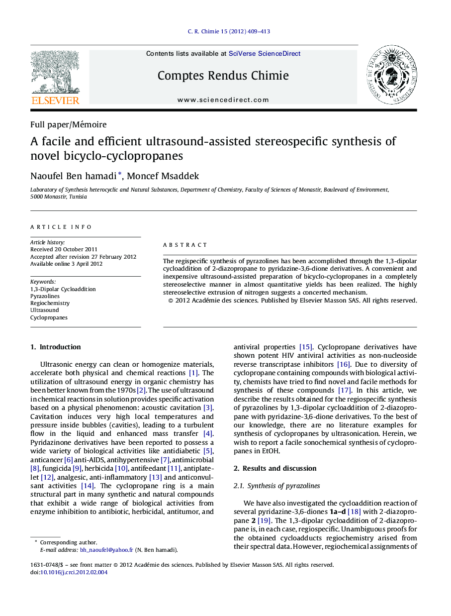 A facile and efficient ultrasound-assisted stereospecific synthesis of novel bicyclo-cyclopropanes