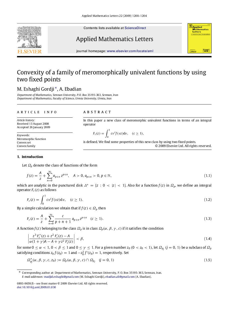 Convexity of a family of meromorphically univalent functions by using two fixed points