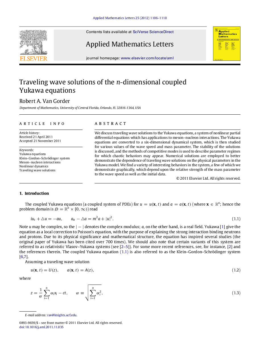 Traveling wave solutions of the nn-dimensional coupled Yukawa equations