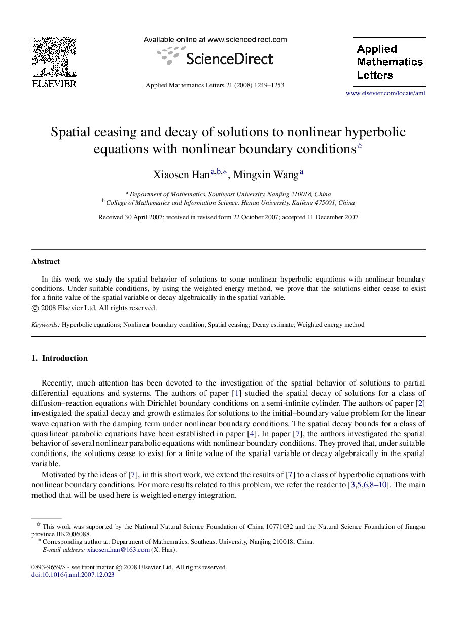 Spatial ceasing and decay of solutions to nonlinear hyperbolic equations with nonlinear boundary conditions 