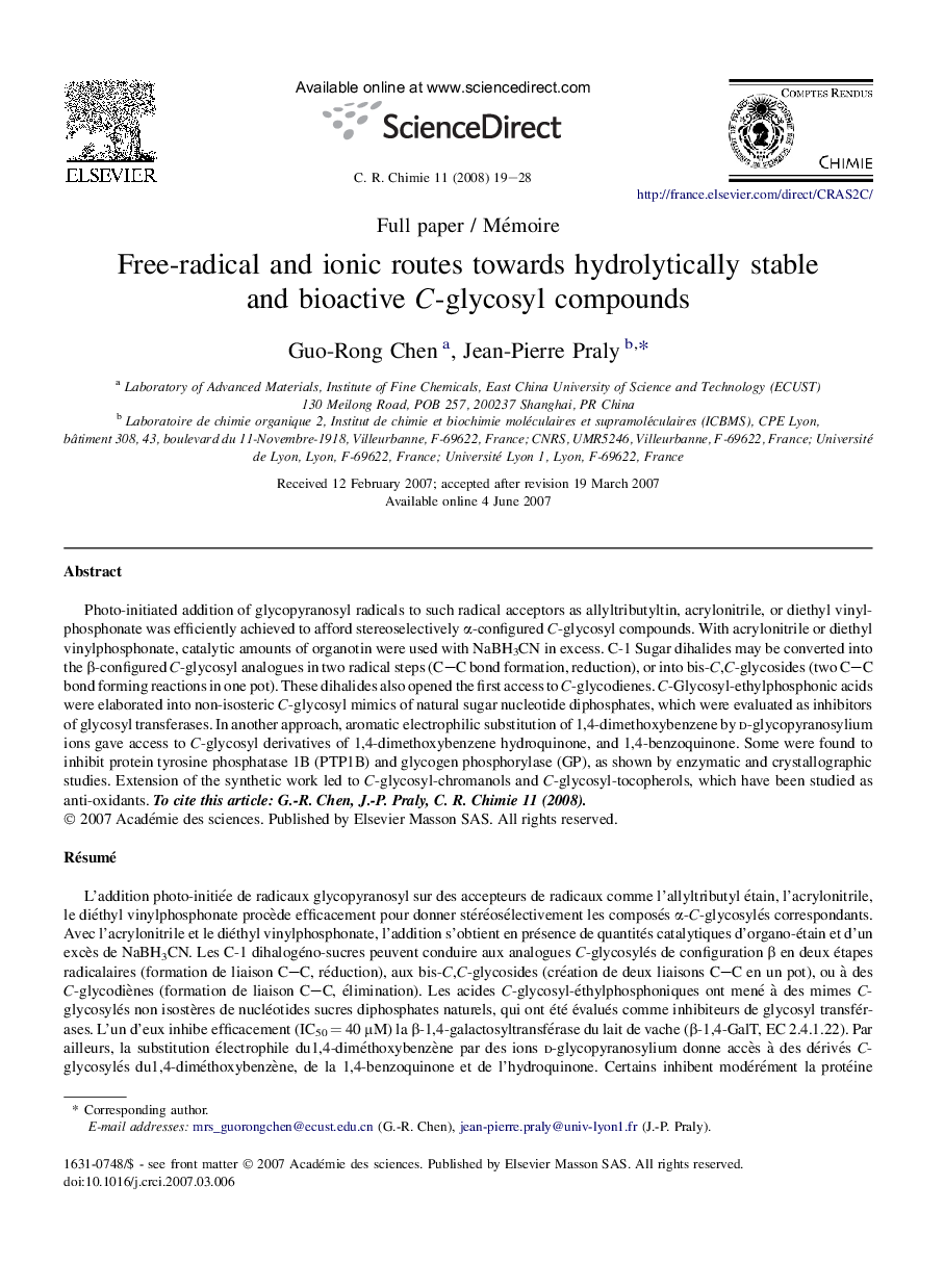 Free-radical and ionic routes towards hydrolytically stable and bioactive C-glycosyl compounds