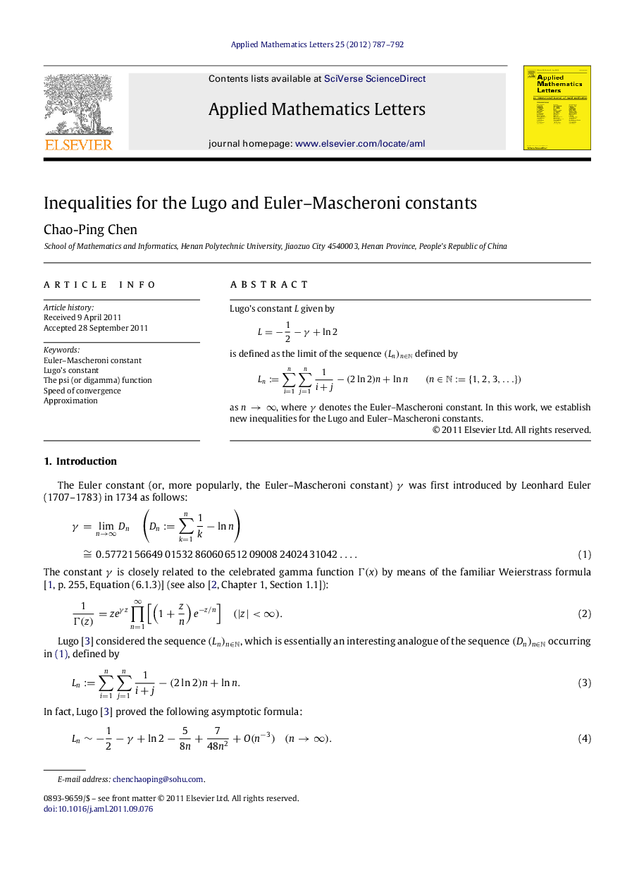 Inequalities for the Lugo and Euler–Mascheroni constants