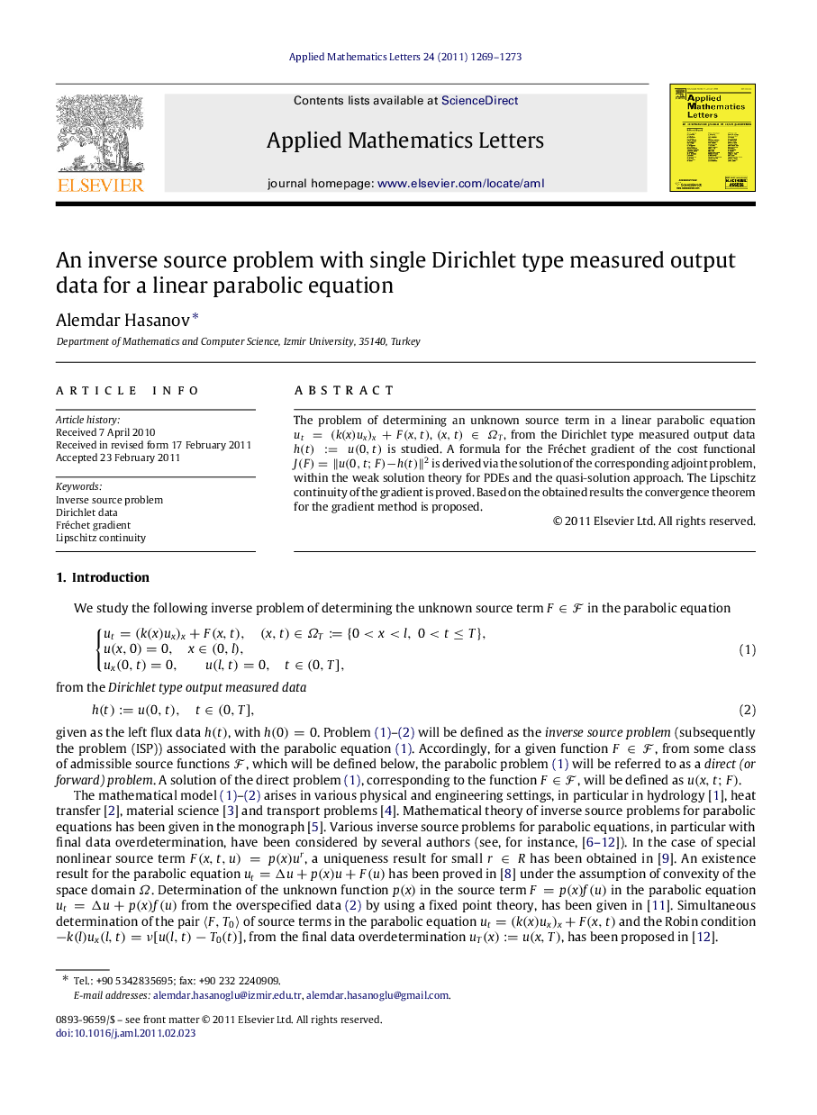 An inverse source problem with single Dirichlet type measured output data for a linear parabolic equation