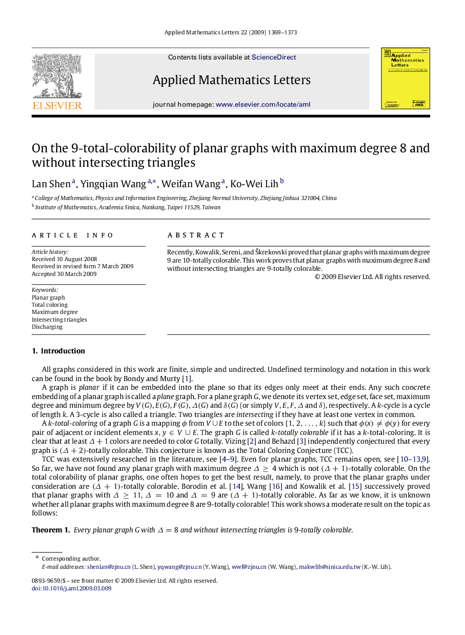 On the 9-total-colorability of planar graphs with maximum degree 8 and without intersecting triangles