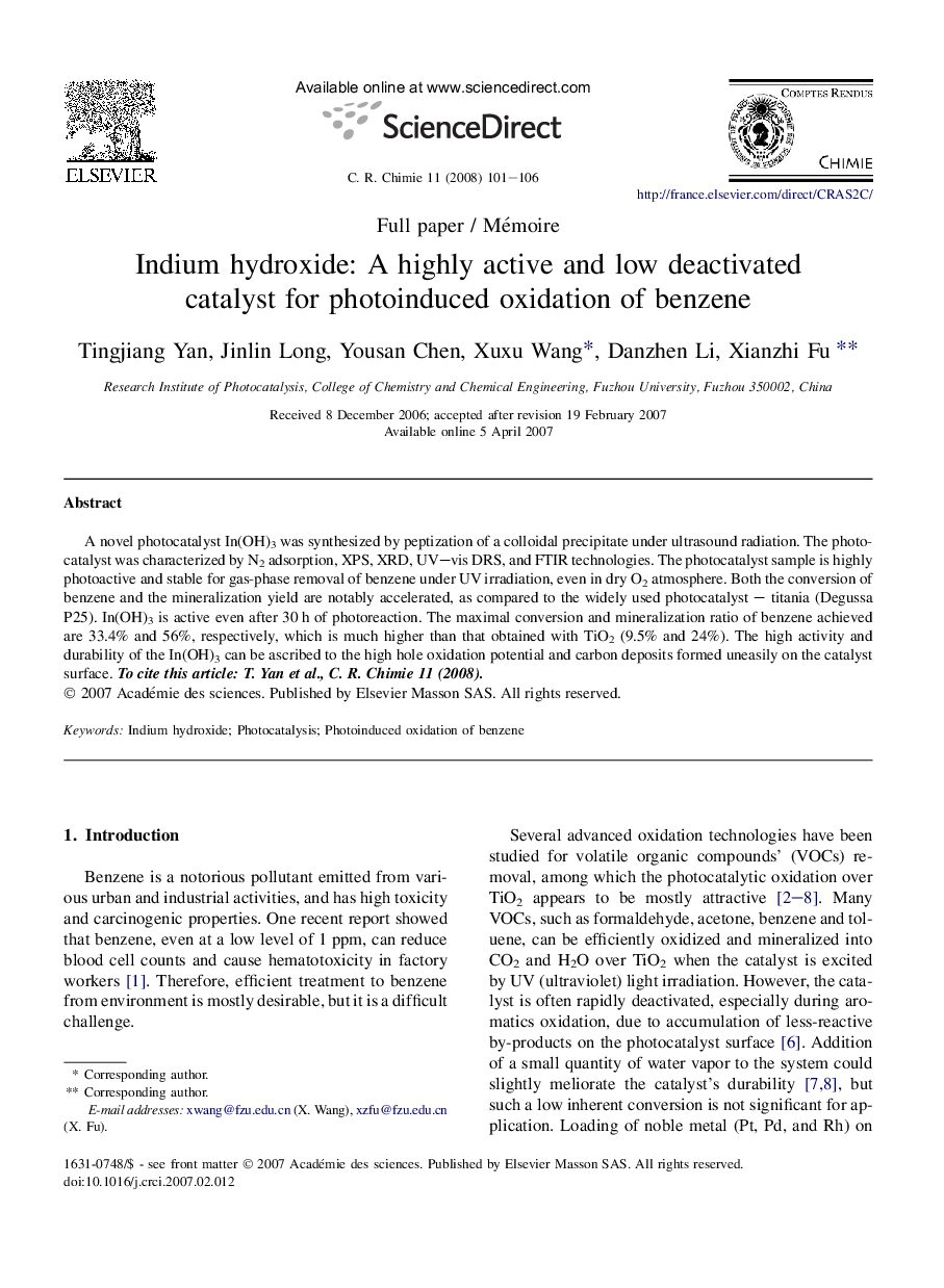 Indium hydroxide: A highly active and low deactivated catalyst for photoinduced oxidation of benzene